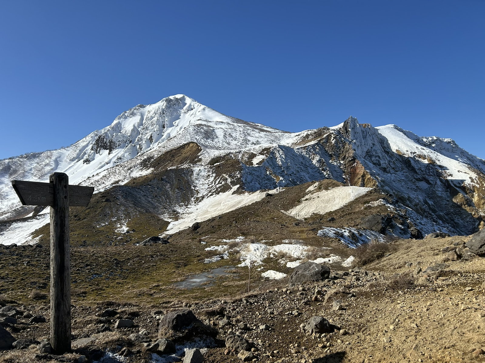 Snow-covered volcanic slopes of Mt. Bandai in winter